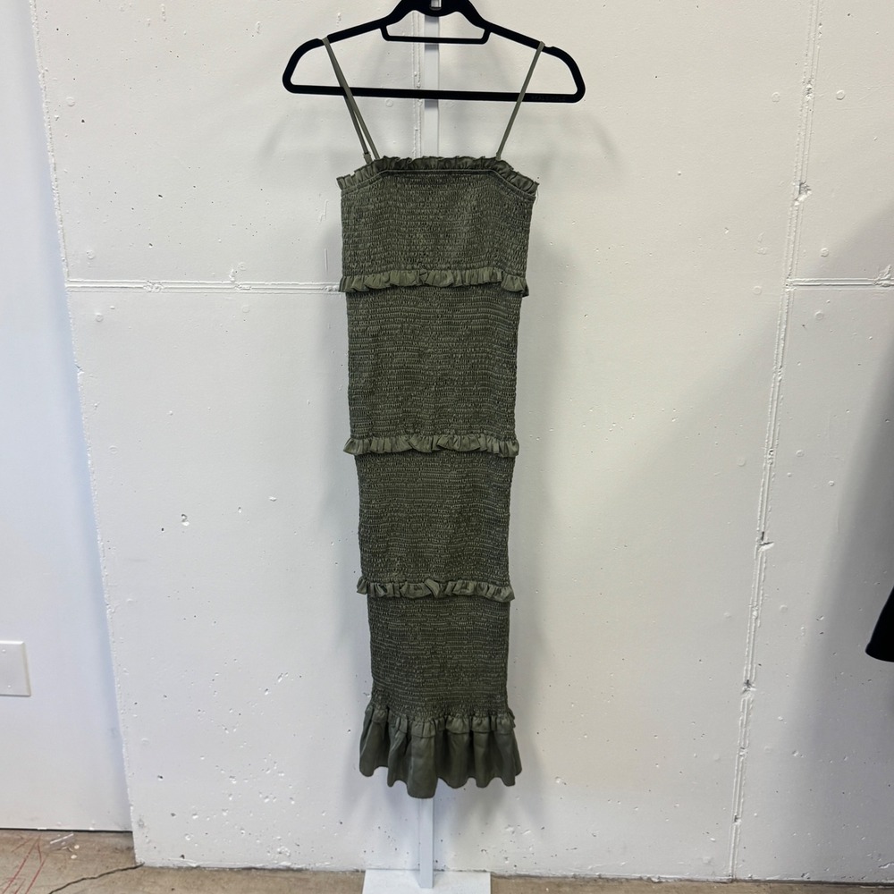 MABLE Smocked Tiered Ruffle Midi Dress Olive Green MD2291I Small Summer Party